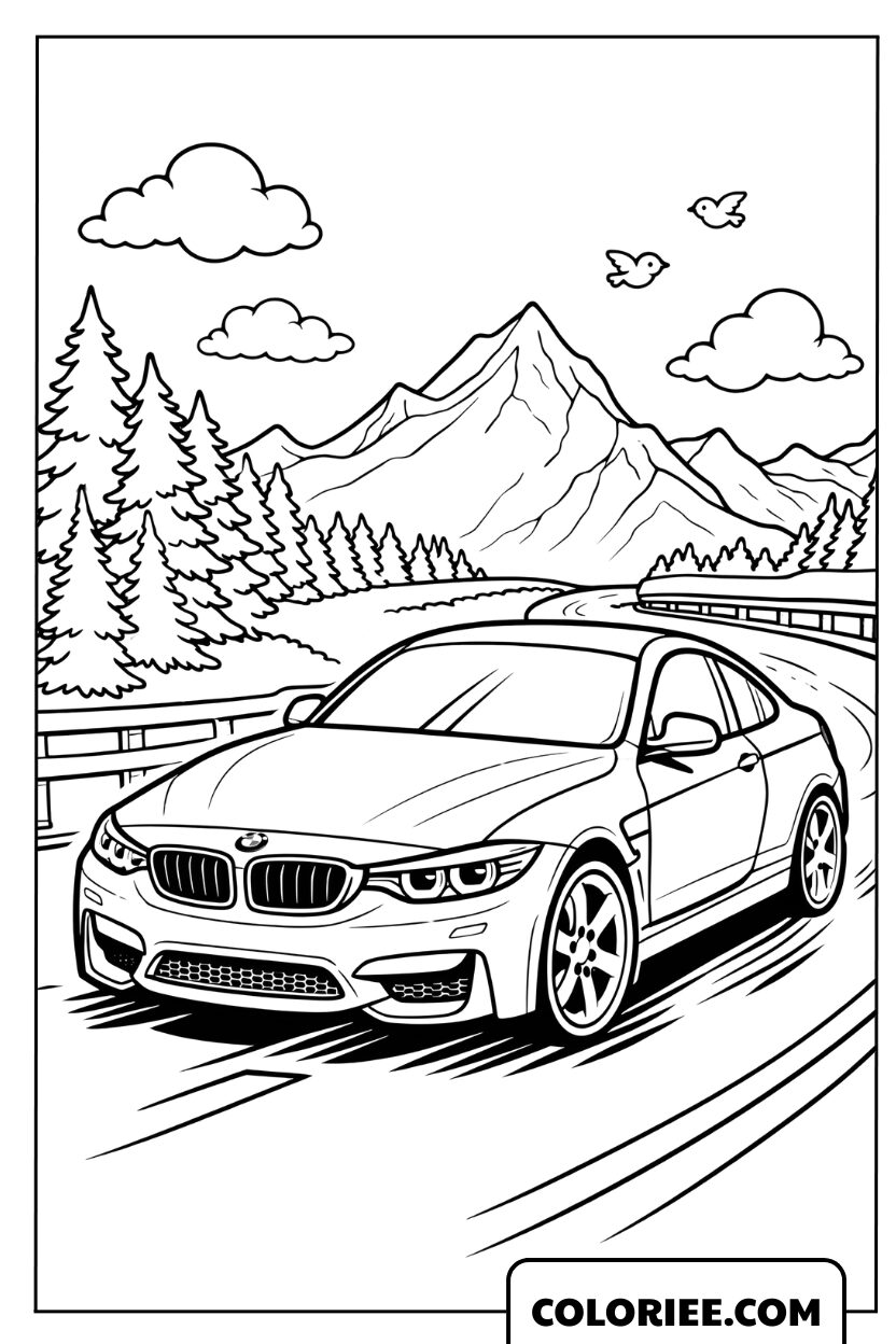 Dessin d'une BMW luxueuse sur une route de montagne majestueuse