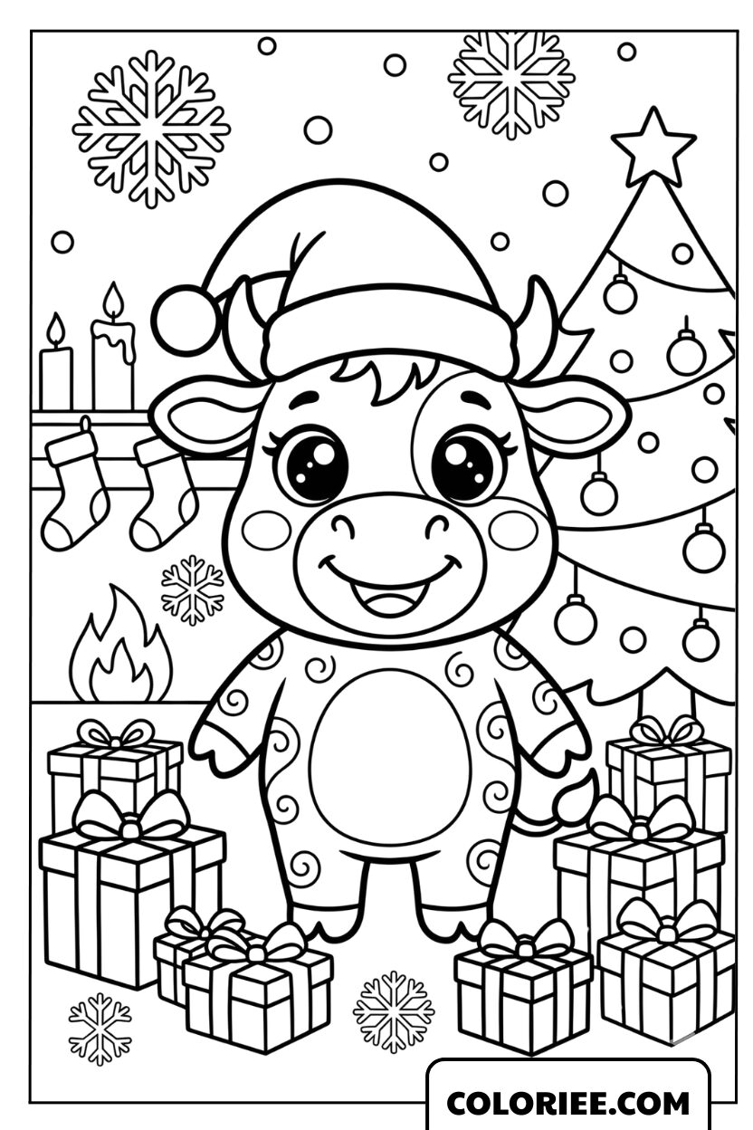 Dessin d'une vache de Noël avec un sapin et des cadeaux à colorier