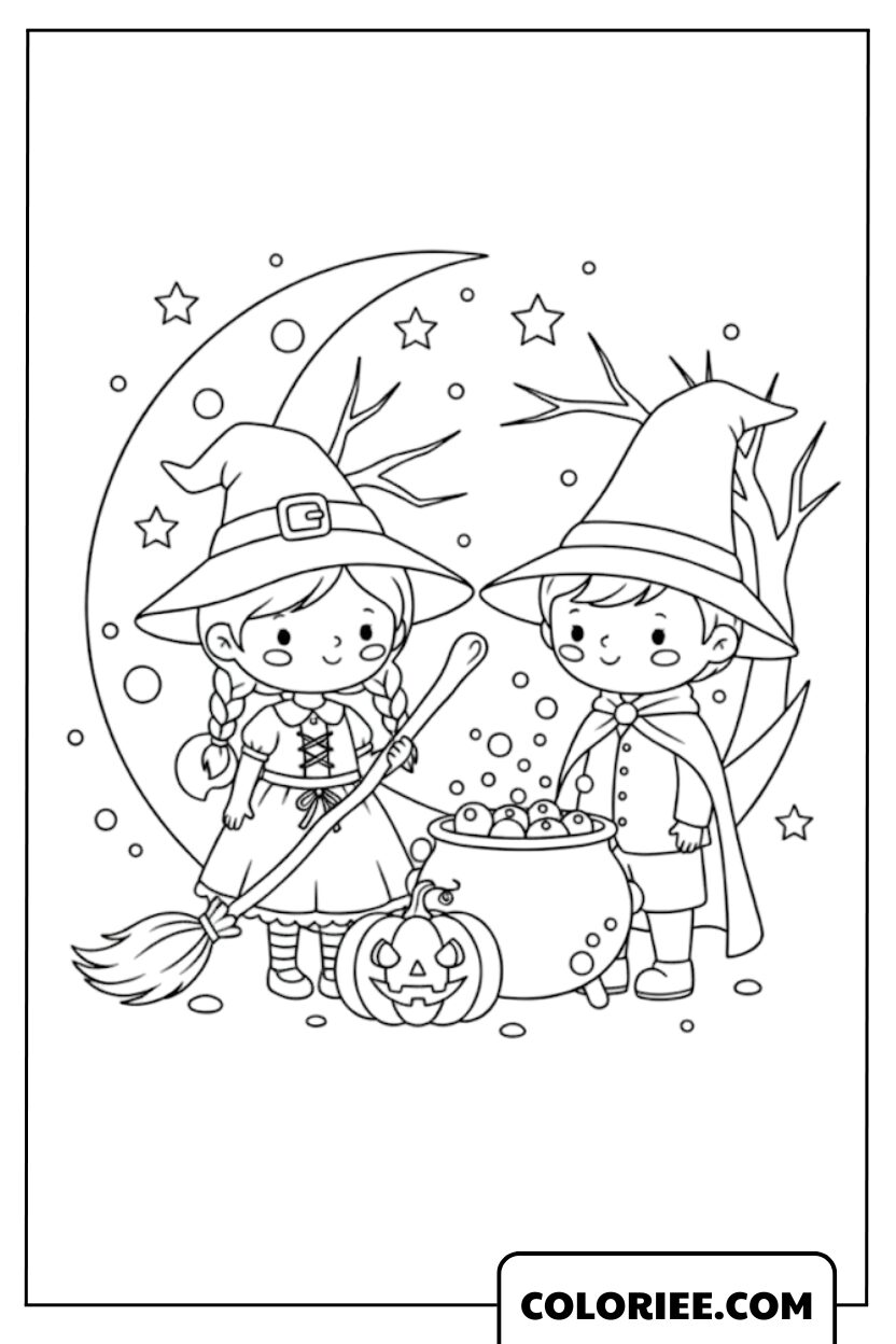 Deux Petits Sorciers autour du Chaudron Magique d’Halloween