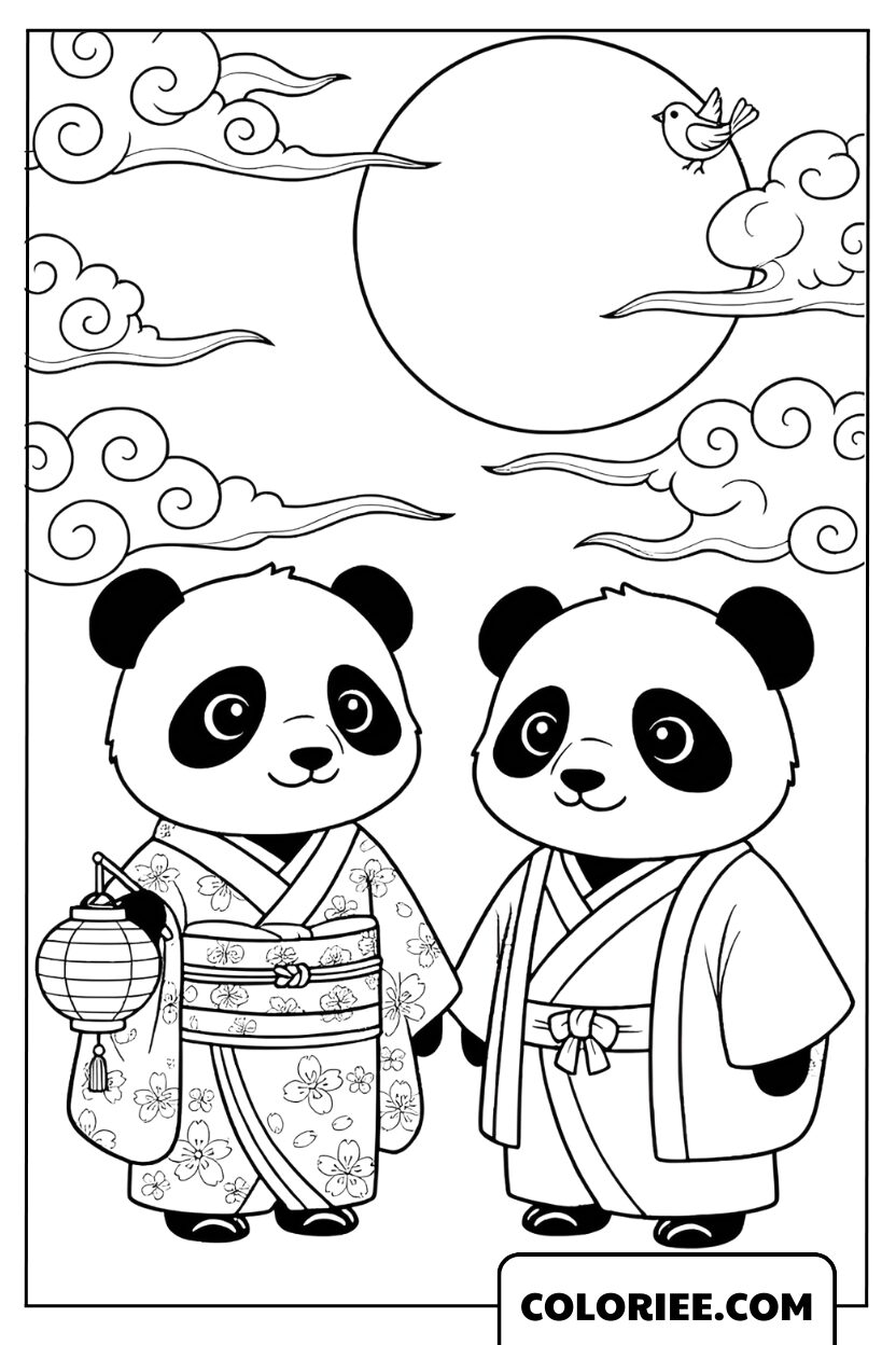Deux pandas se promènent sous la pleine lune