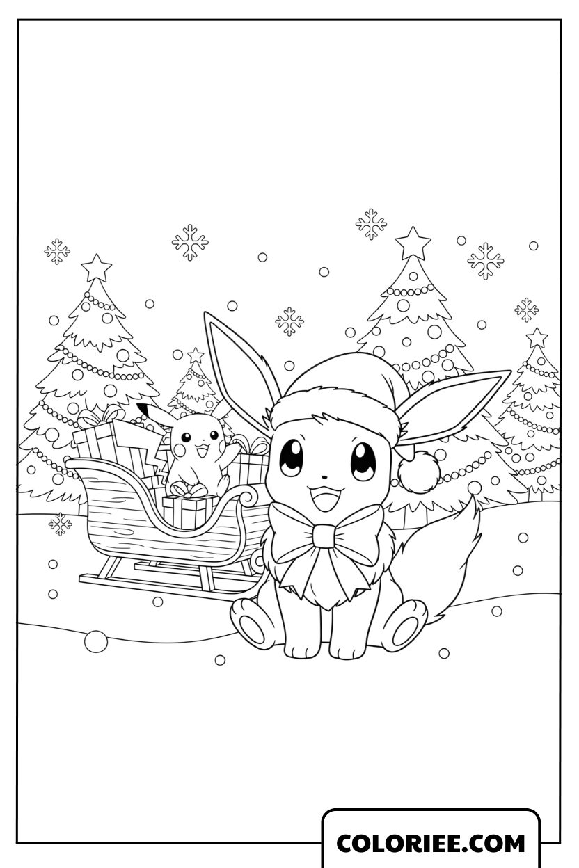 Eevee et Pikachu de Noël mignons avec un traîneau de cadeaux