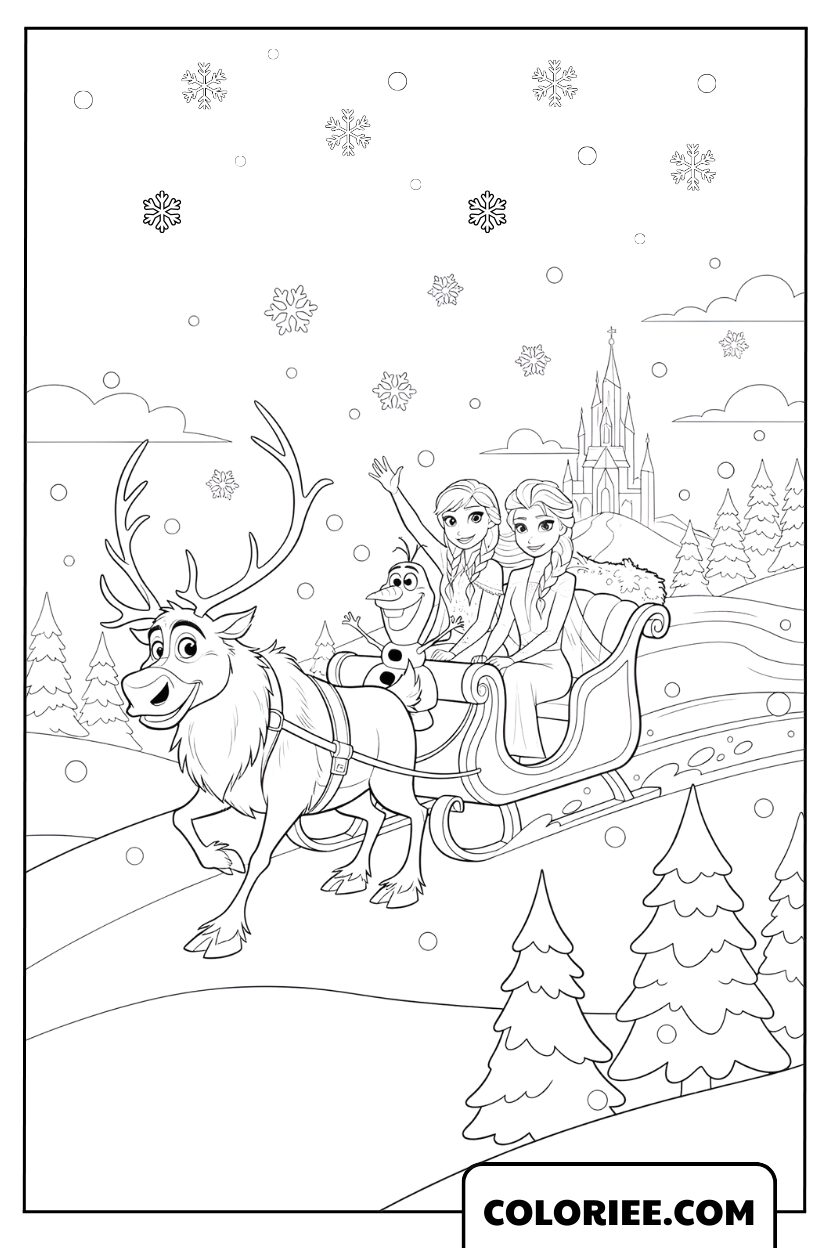 Elsa, Anna et Olaf en traîneau avec le renne Sven au cœur de l’hiver