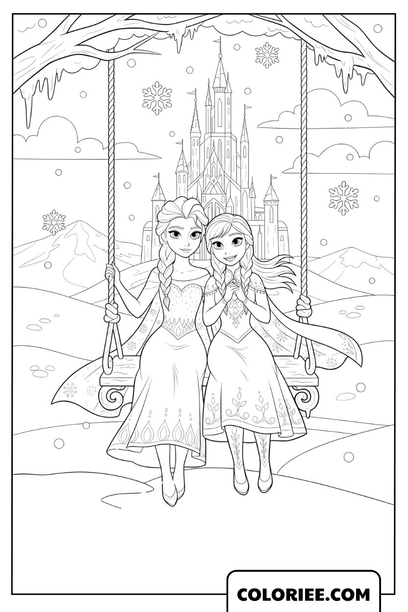Elsa et Anna sur la balançoire devant le château de glace