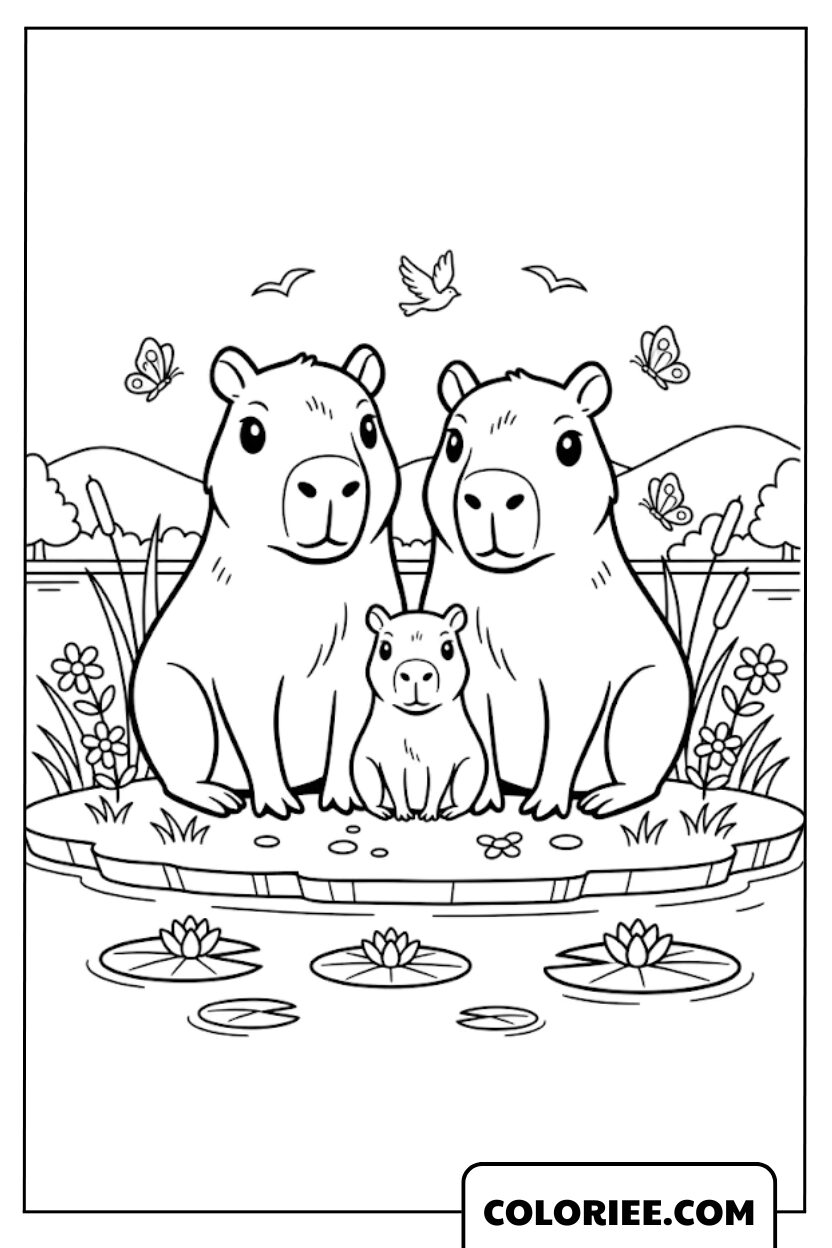 Famille capybara heureuse au bord du lac