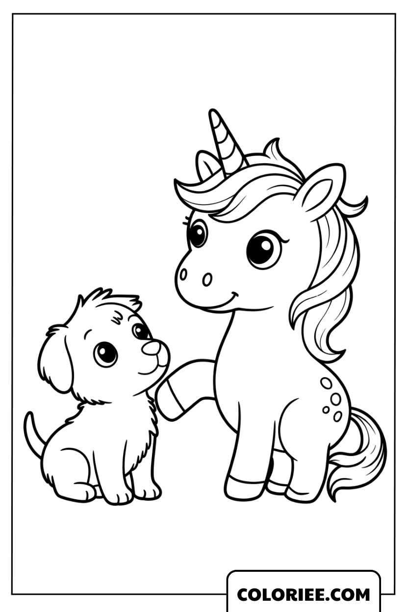 La douce amitié entre le chiot et la licorne