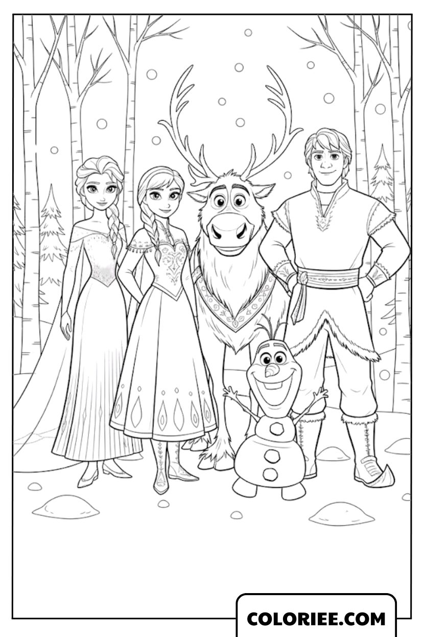 La famille de La Reine des Neiges réunie dans la forêt enneigée