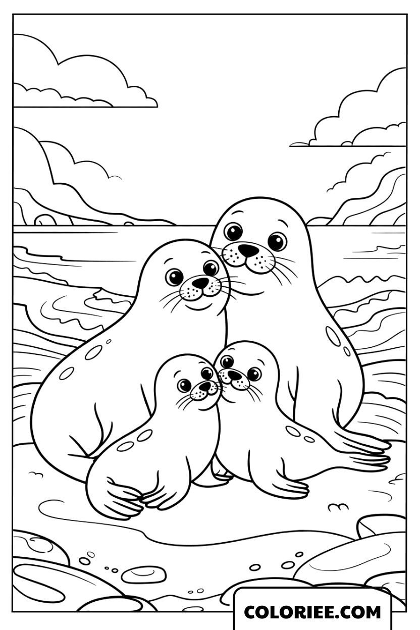 La joyeuse famille de phoques au bord de la mer