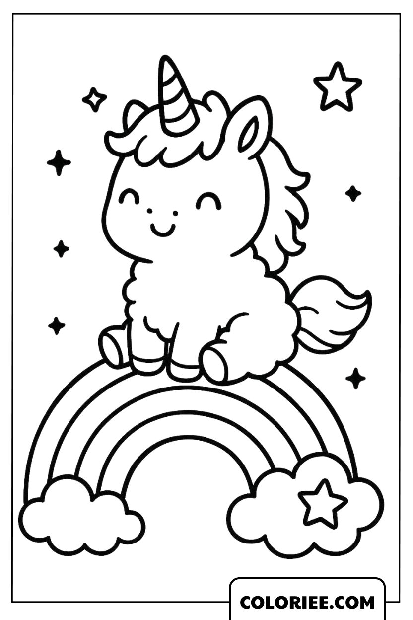 La licorne mignonne sur l’arc-en-ciel
