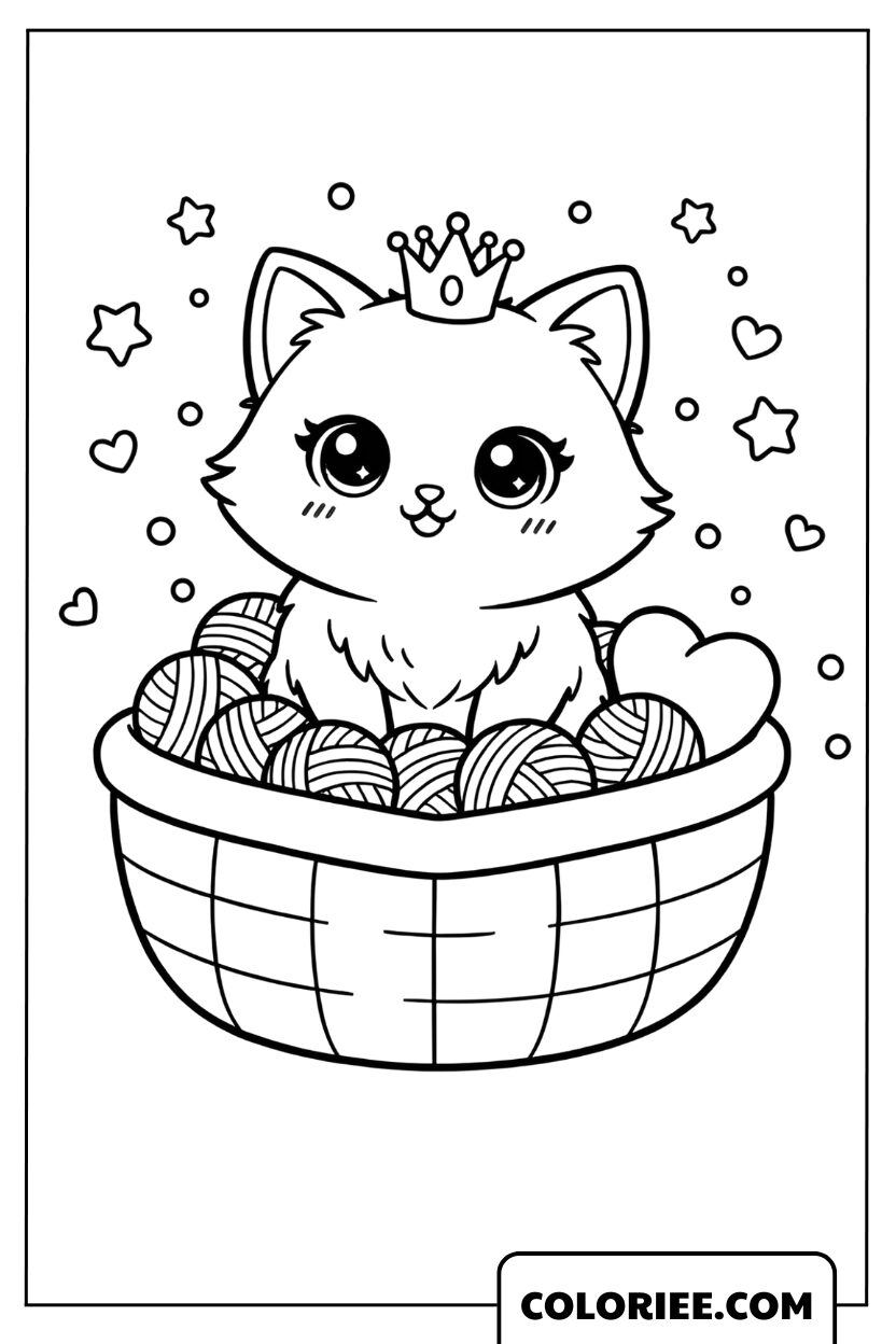 Le chaton royal dans son panier de pelotes