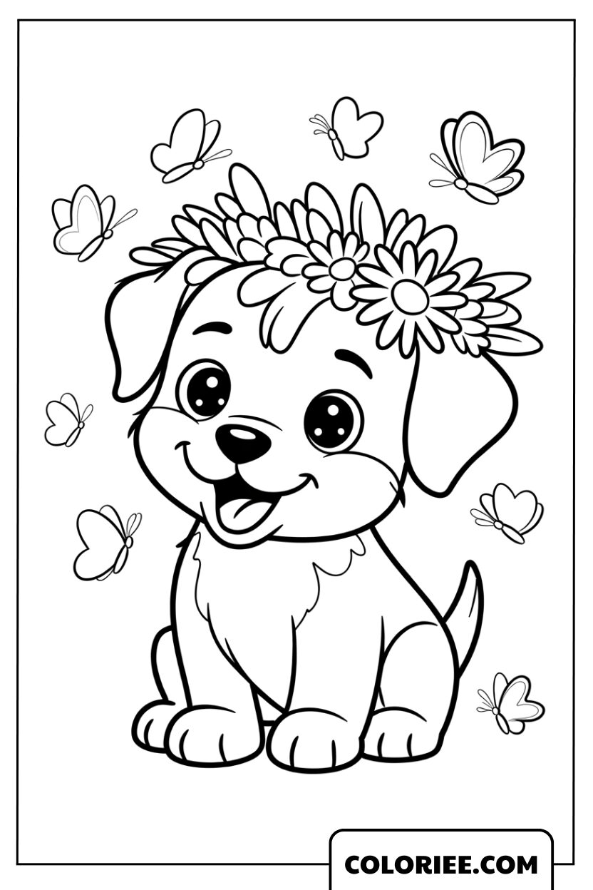 Le chiot à la couronne de fleurs et aux papillons
