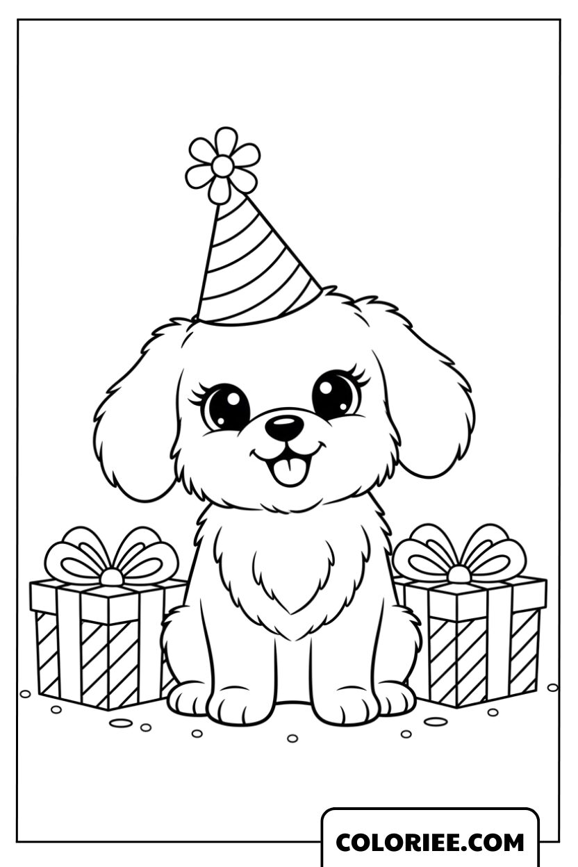 Le chiot avec son chapeau d’anniversaire et ses cadeaux