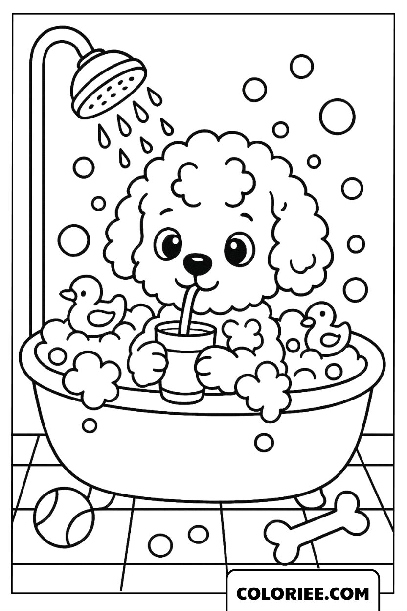 Le chiot frisé dans son bain de bulles amusant