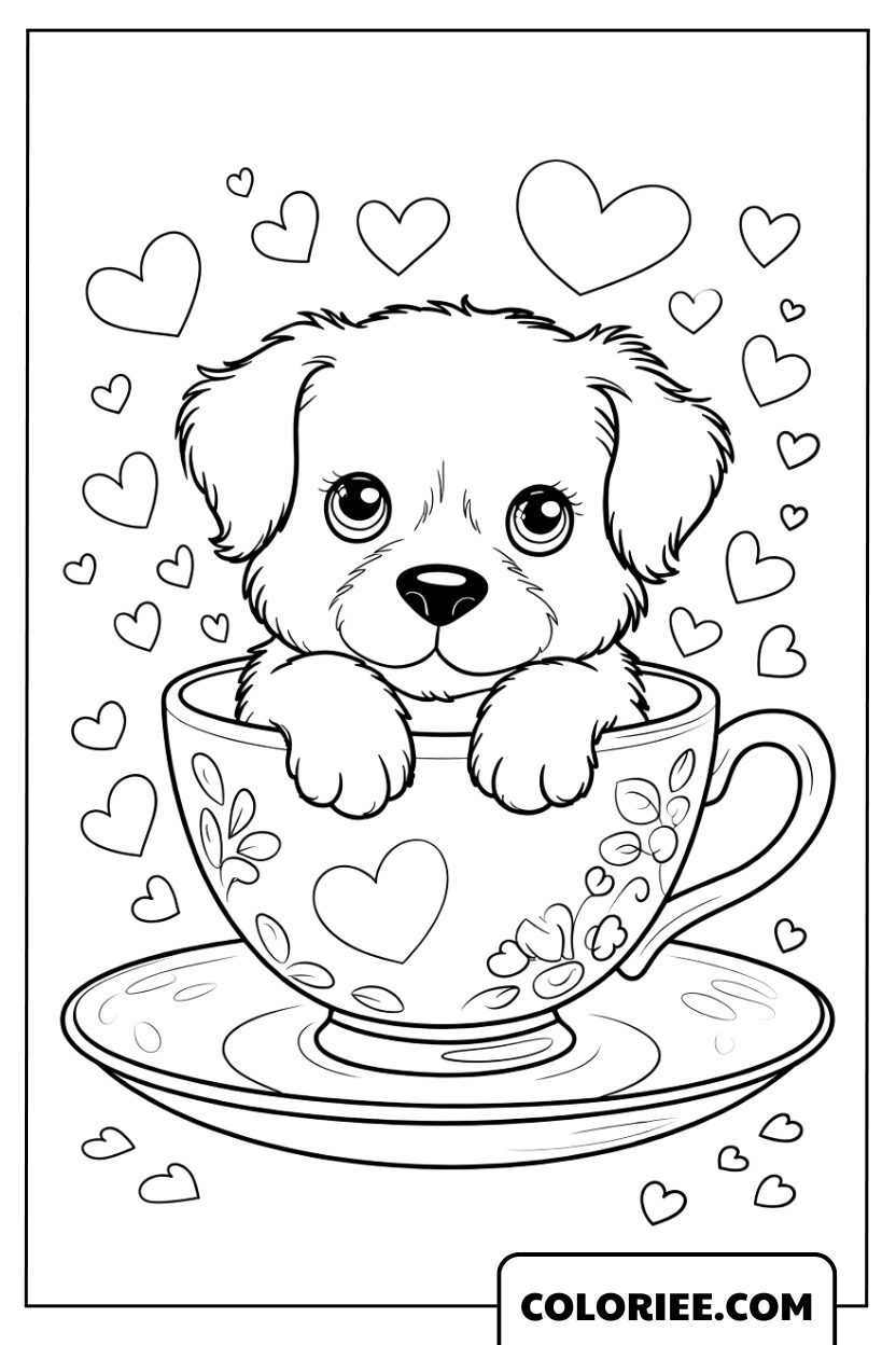 Le chiot mignon dans la tasse aux cœurs