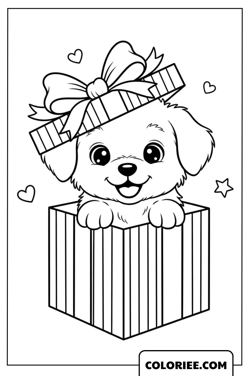 Le chiot qui sort d’une belle boîte cadeau