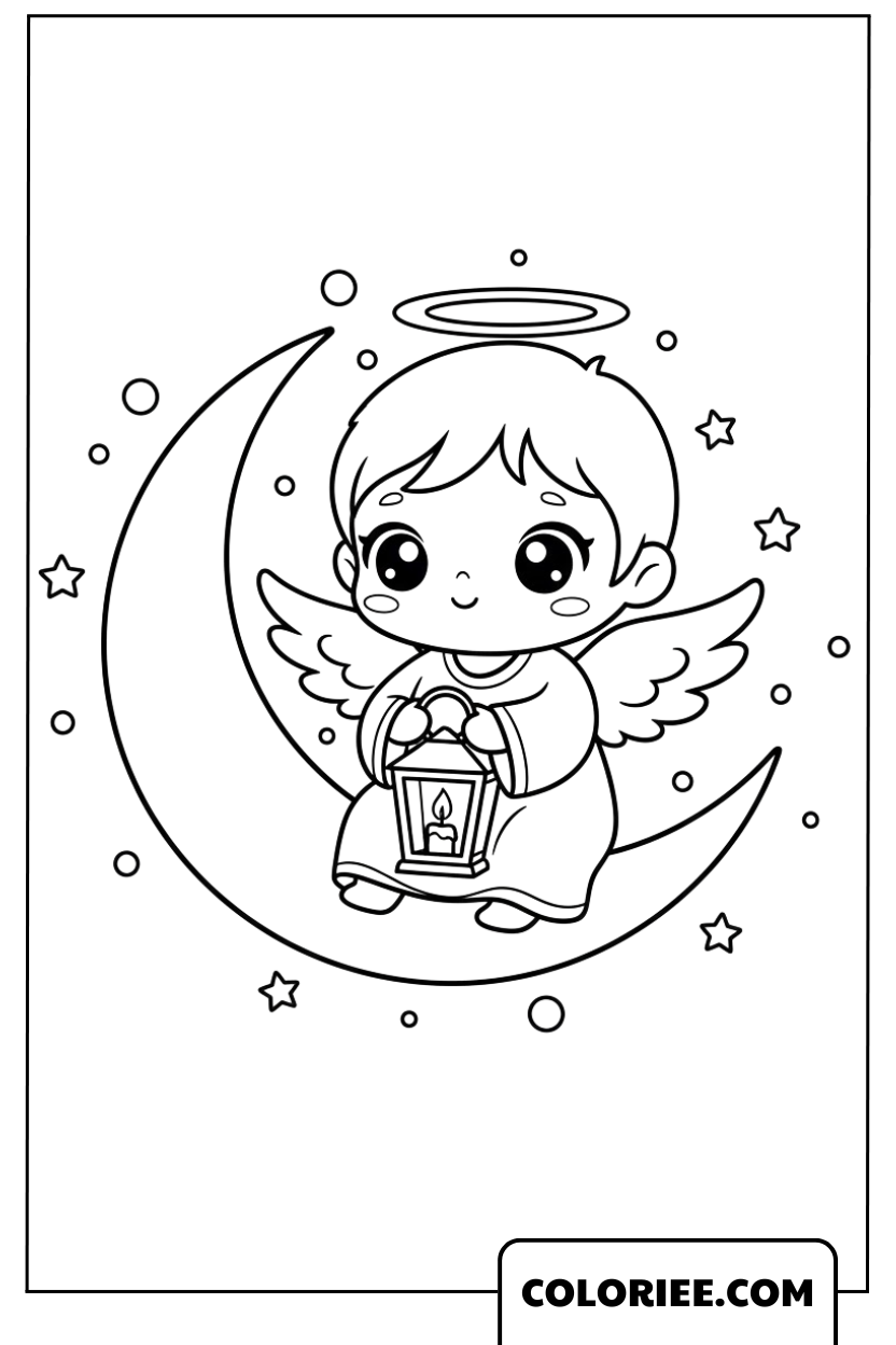 Le petit ange assis sur la lune en croissant