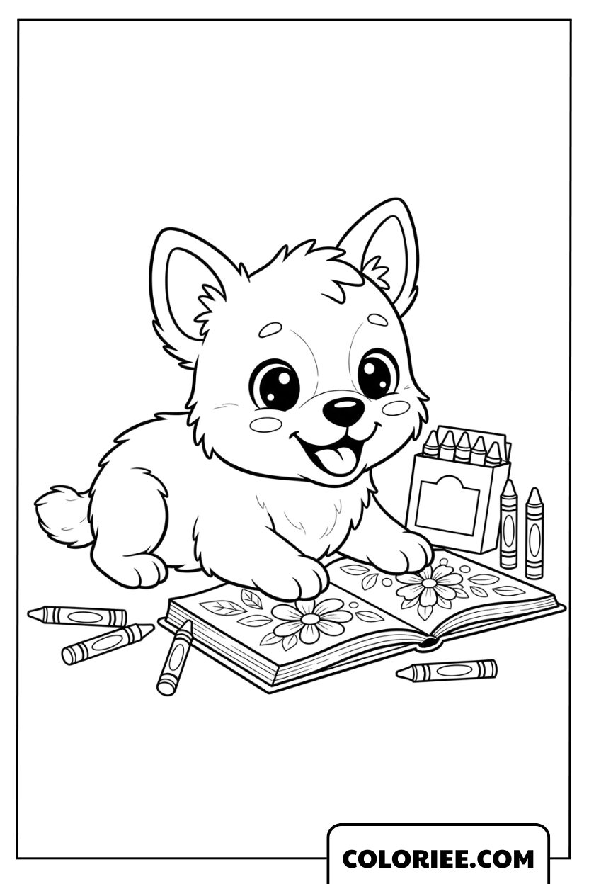 Le petit chiot artiste avec son livre de coloriage