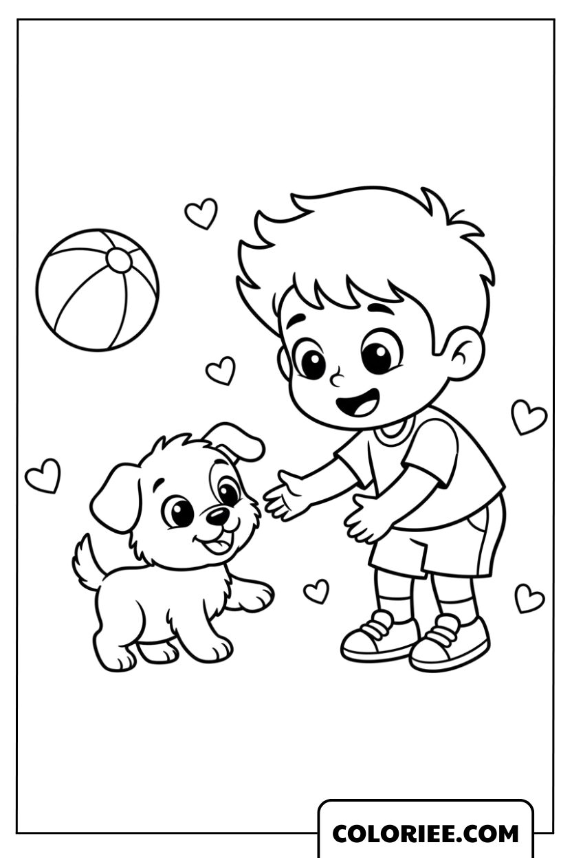Le petit garçon et le chiot faisant connaissance avec tendresse