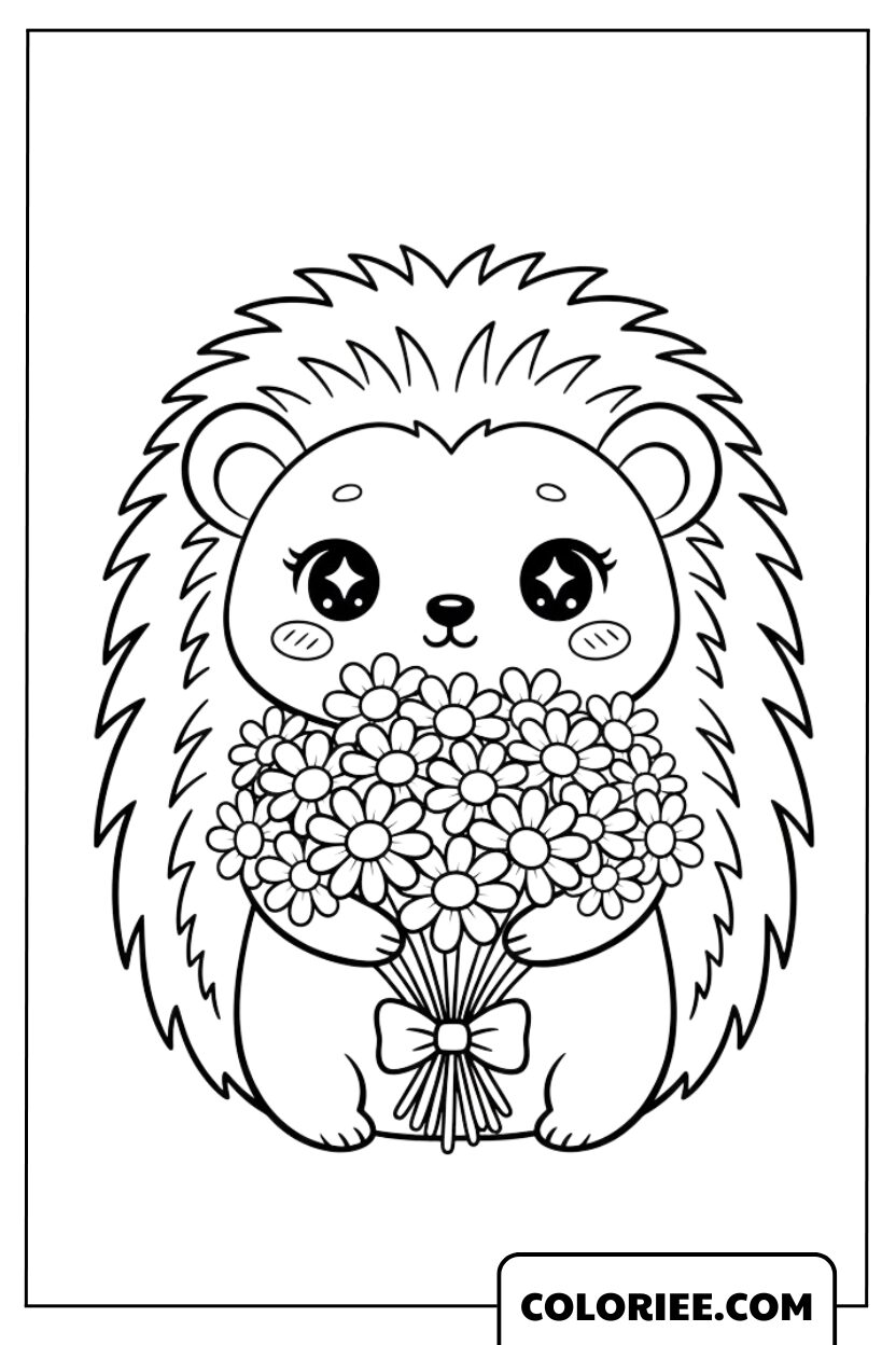 Le petit hérisson avec son grand bouquet de fleurs