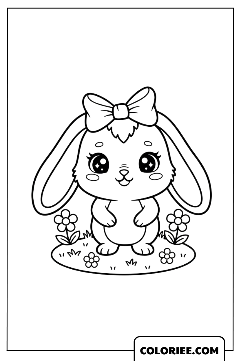Le petit lapin au nœud rose dans le jardin fleuri