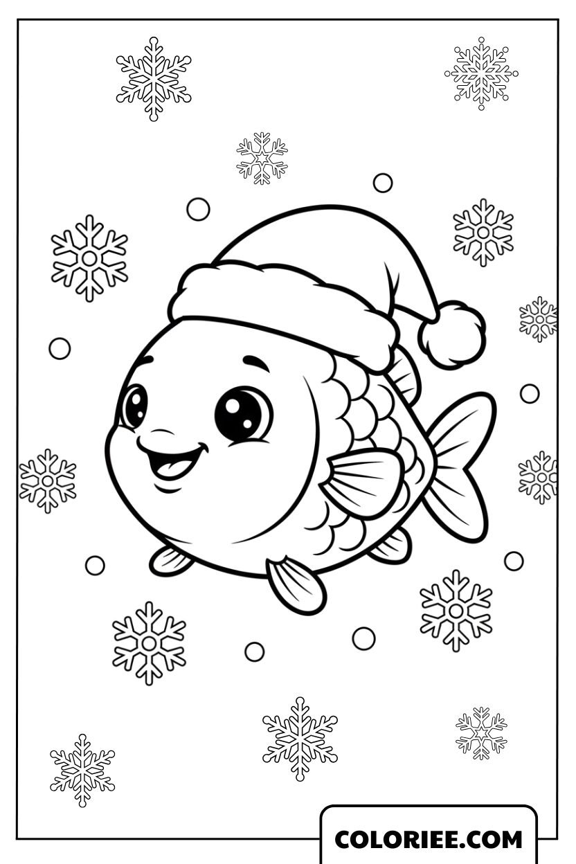 Le petit poisson en bonnet de Noël sous les flocons