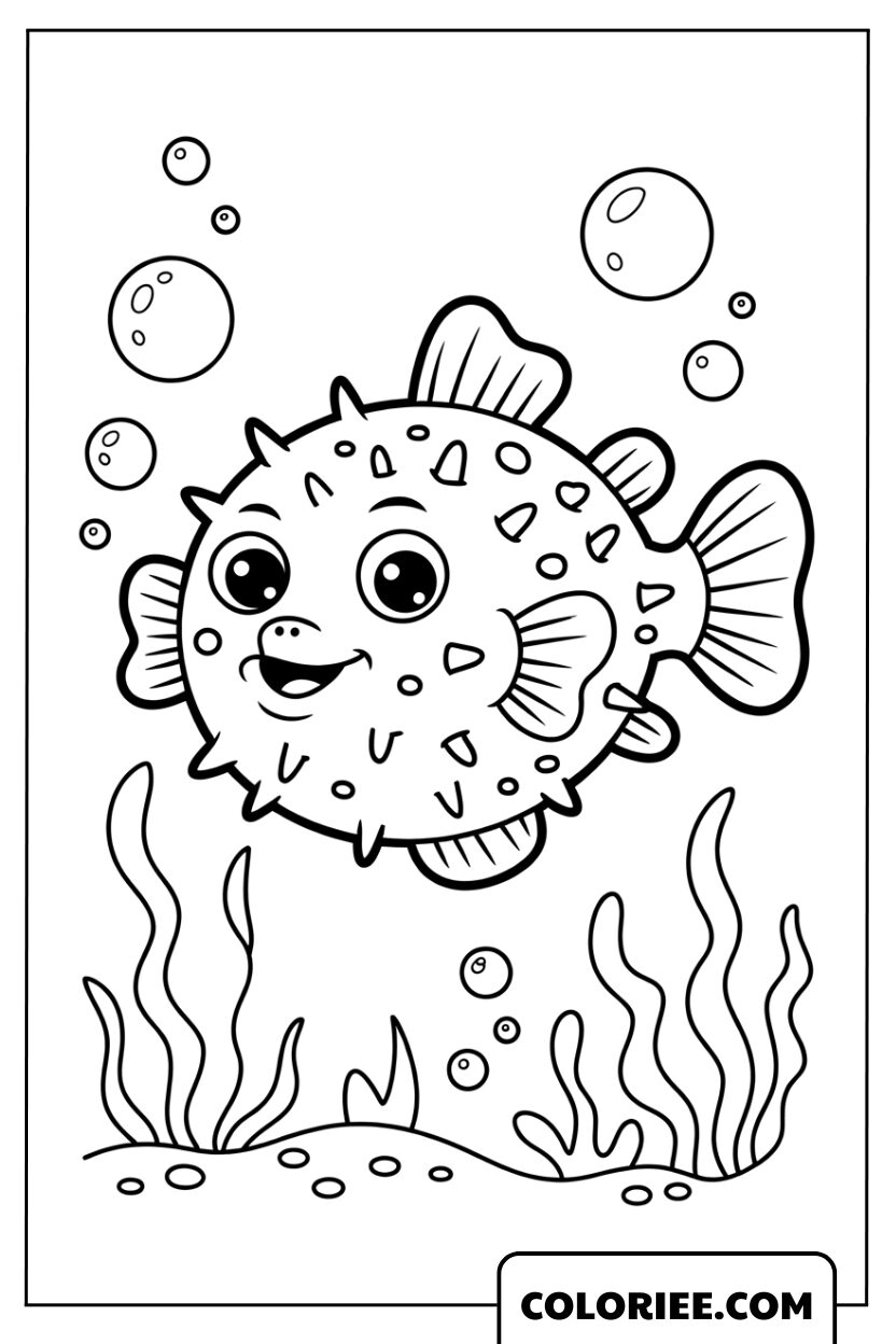 Le petit poisson-globe tout mignon dans la forêt d’algues