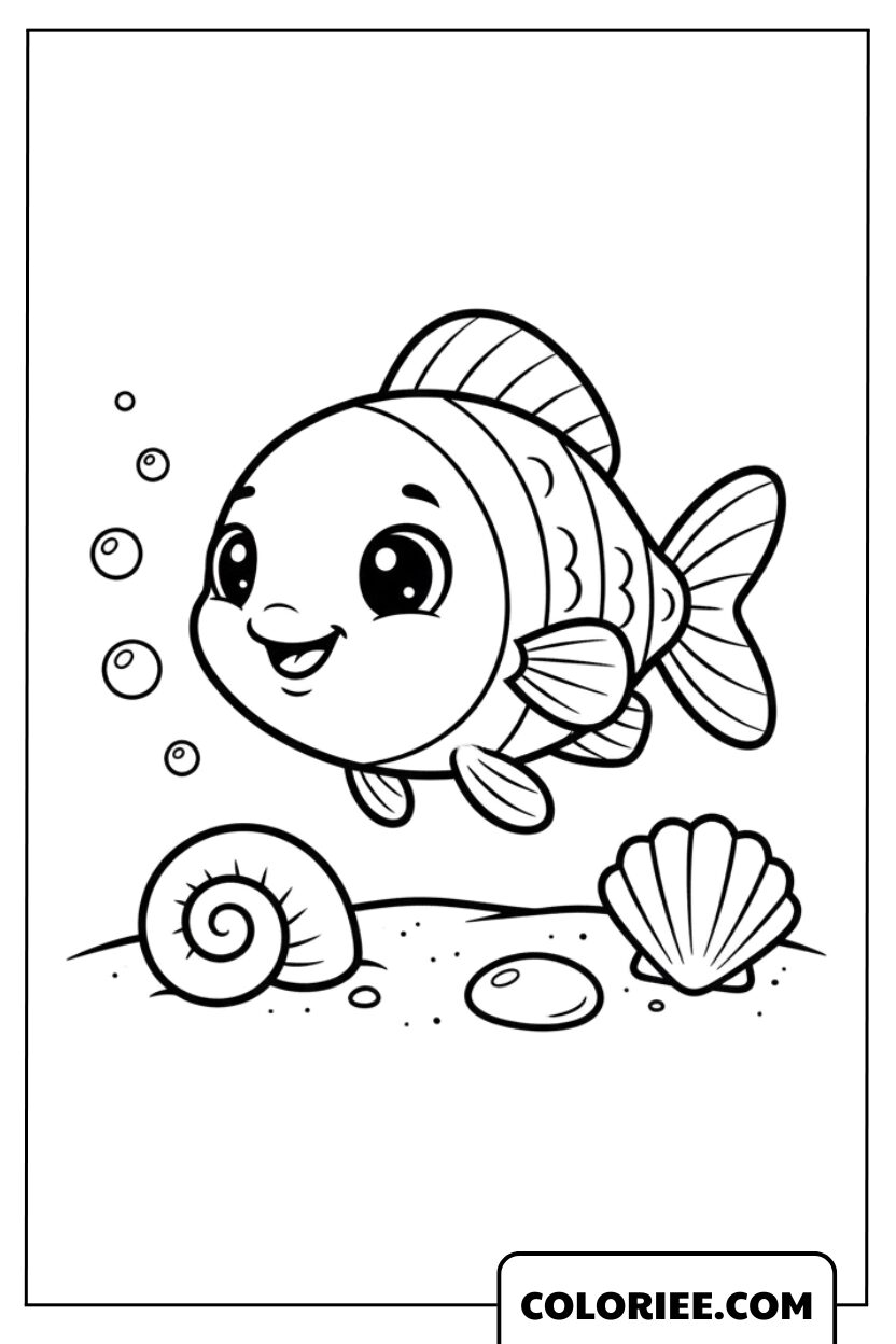 Le petit poisson mignon près des coquillages