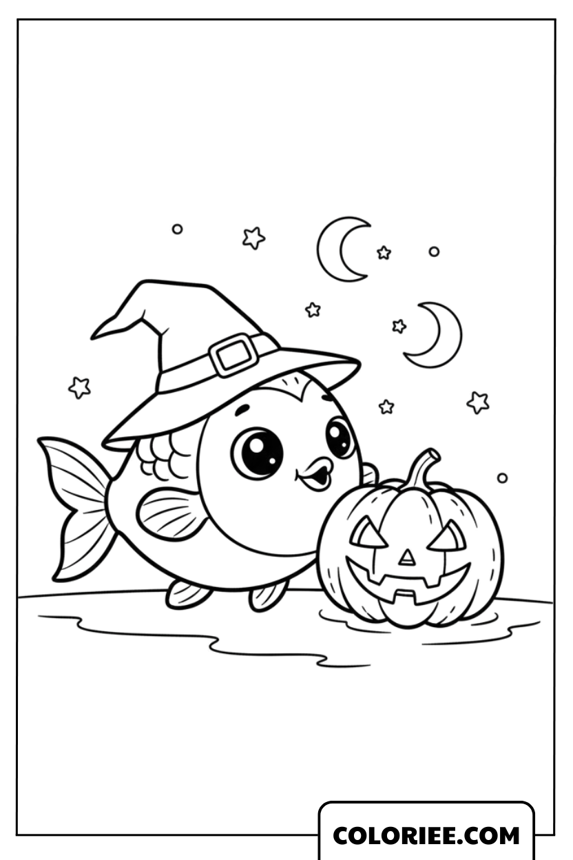 Le petit poisson sorcier avec sa citrouille d’Halloween