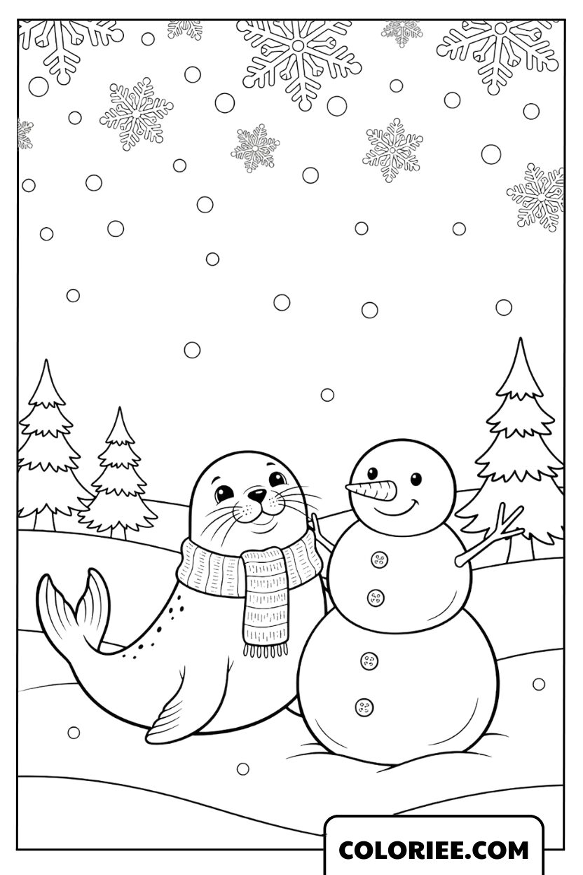 Le phoque d’hiver jouant avec le bonhomme de neige