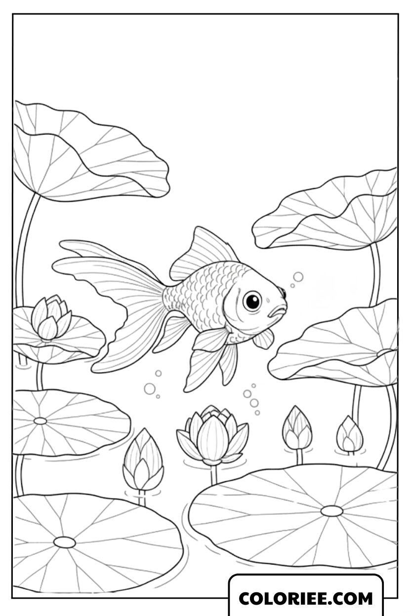 Le poisson rouge nageant parmi les lotus