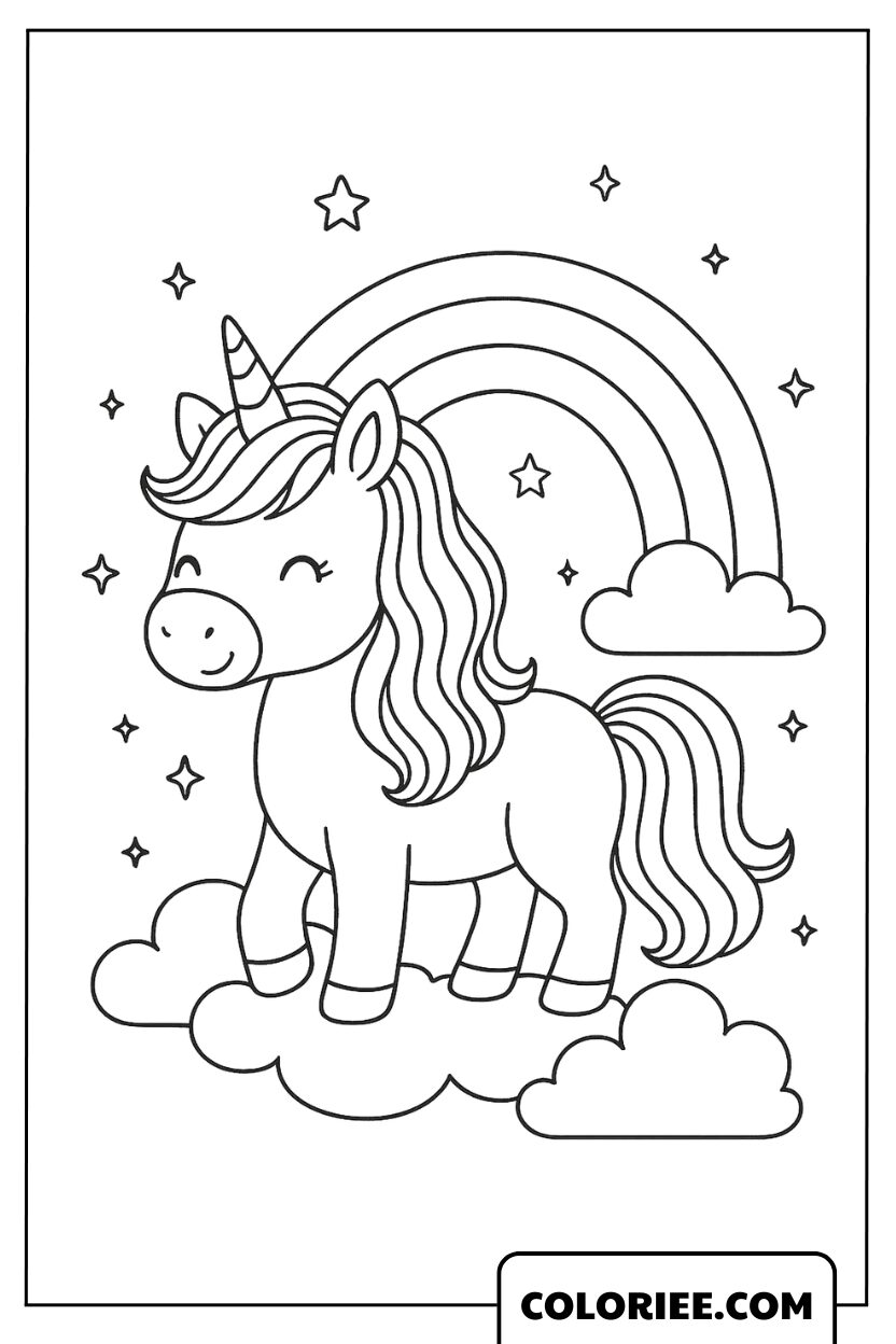 Licorne joyeuse sous un arc-en-ciel éclatant
