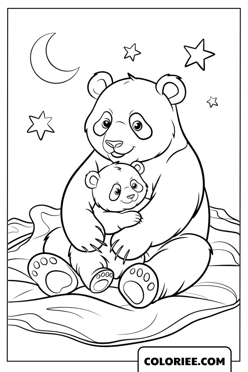 Maman panda serrant son petit sous la douce lune