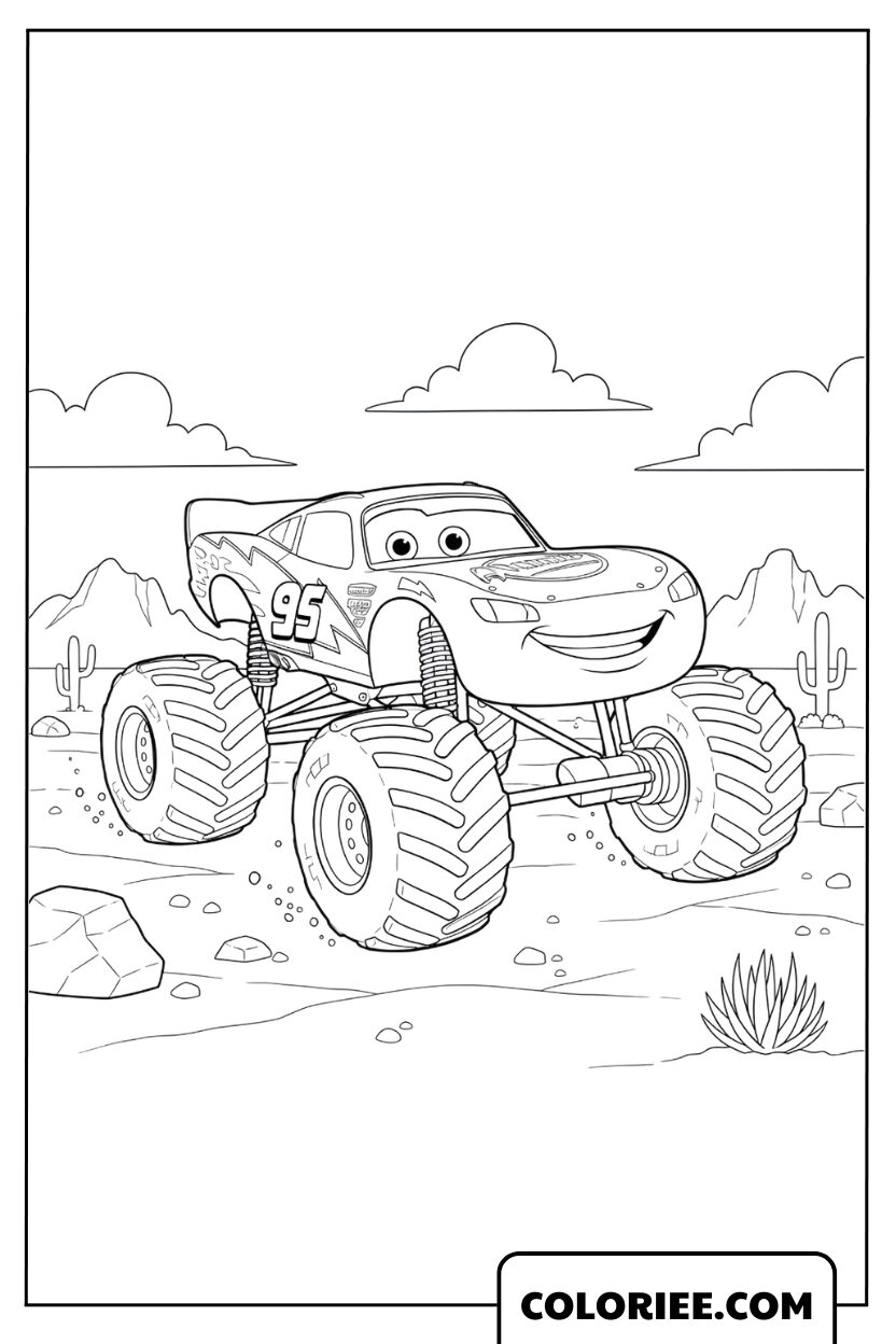 Monster Truck McQueen joyeux dans le désert sauvage