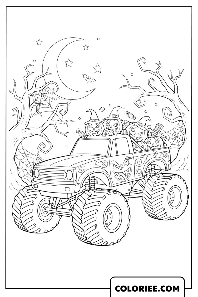 Monster Truck d’Halloween sous la lune mystérieuse