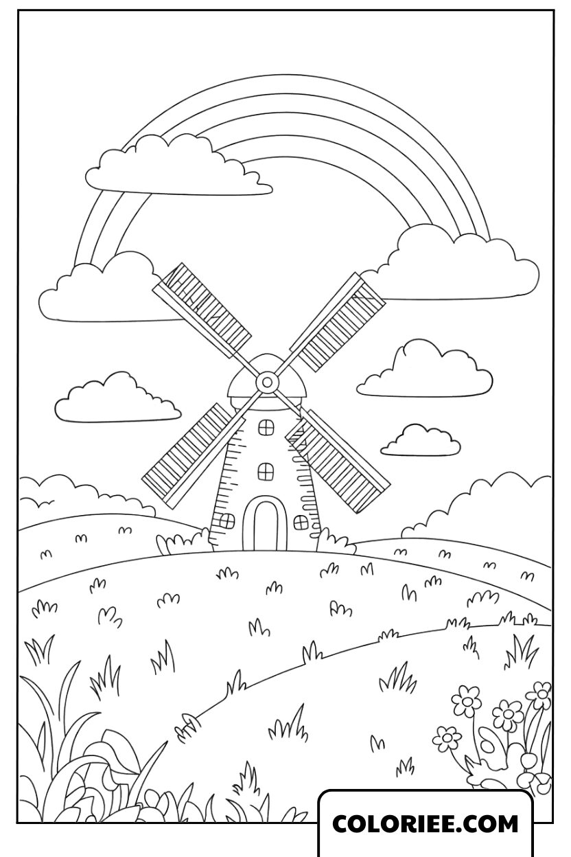 Moulin à vent rêveur sous un arc-en-ciel délicat