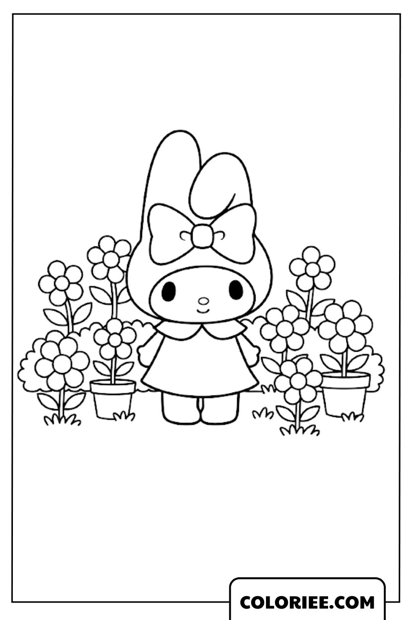 My Melody adorable au milieu du jardin fleuri