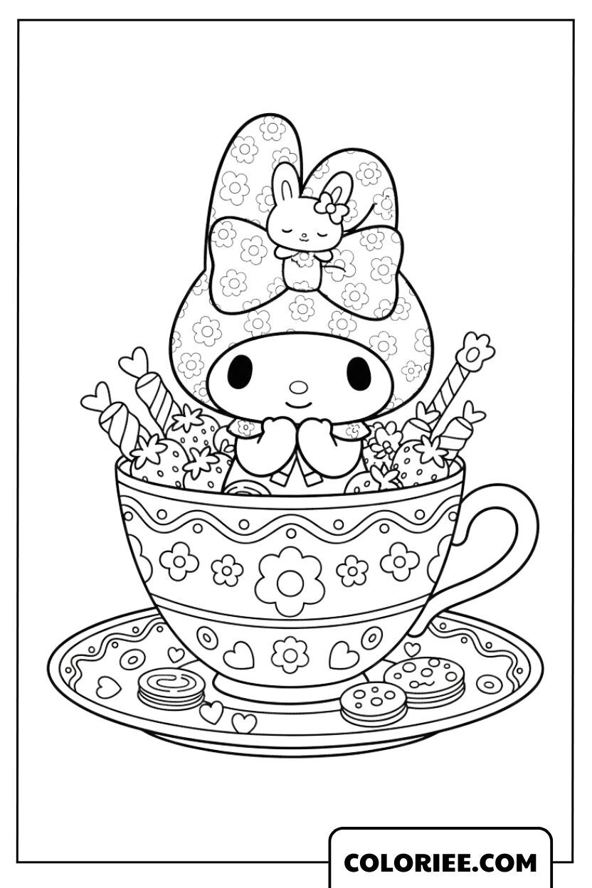 My Melody dans une tasse de thé fleurie et adorable