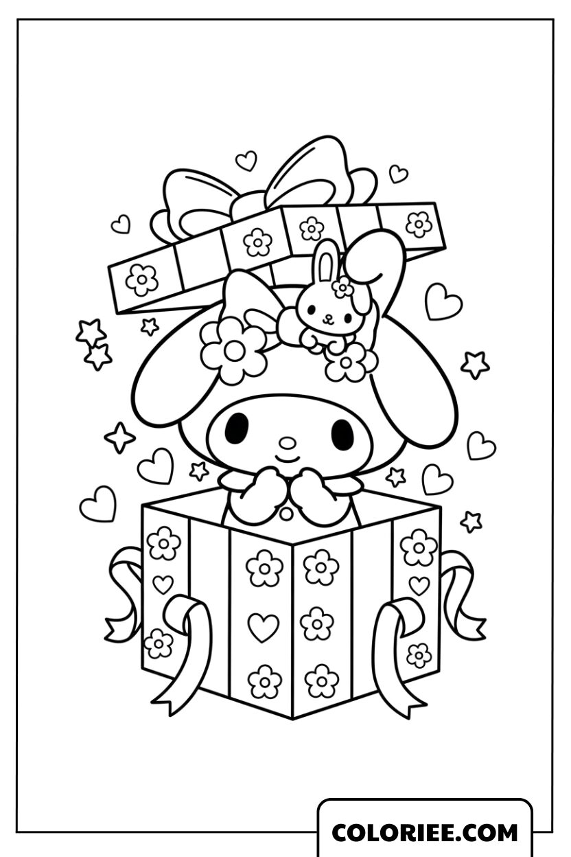 My Melody sortant d’un cadeau magique