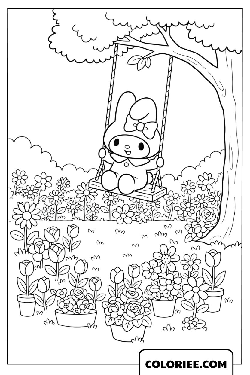 My Melody sur une balançoire dans le Jardin Paisible