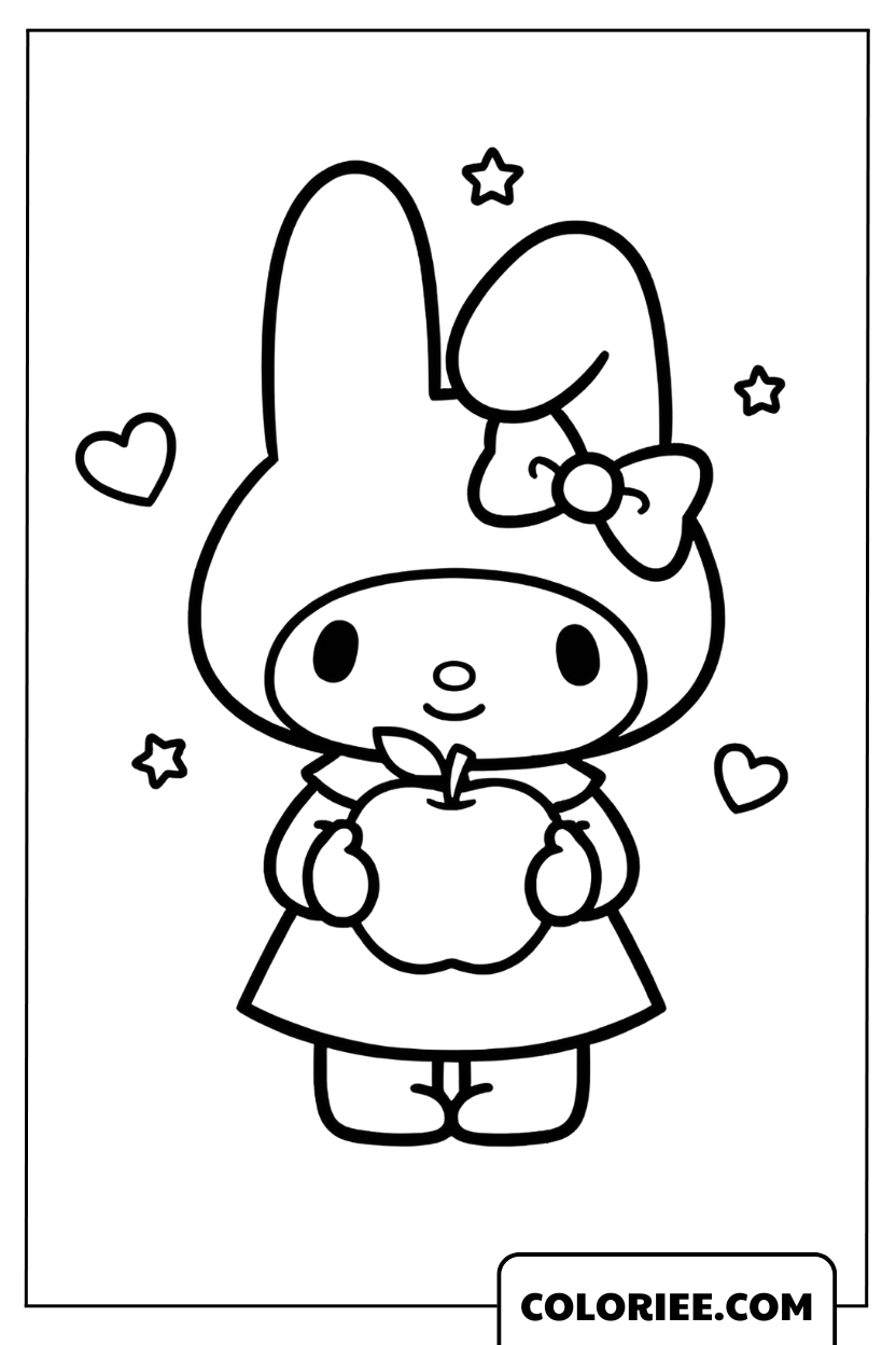 My Melody tenant une pomme avec un doux sourire