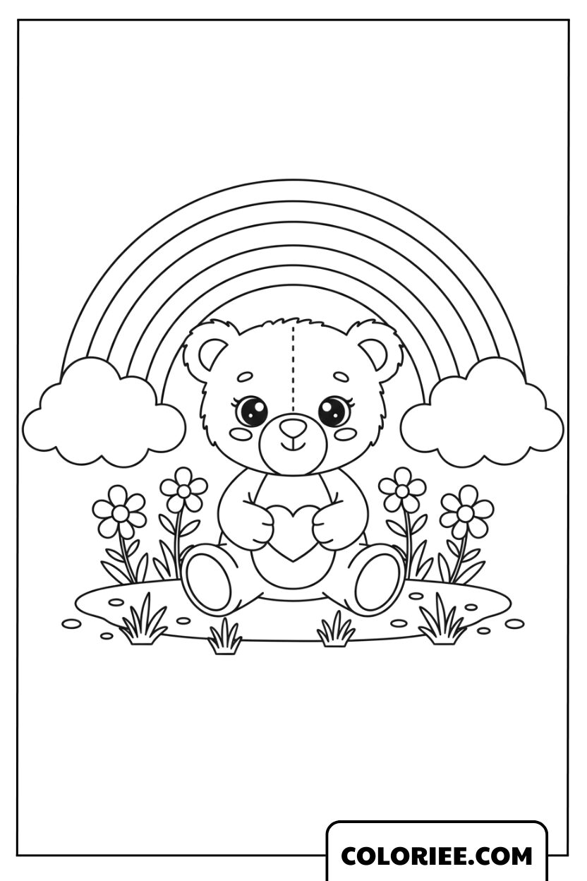 Ourson adorable sous un arc-en-ciel fleuri