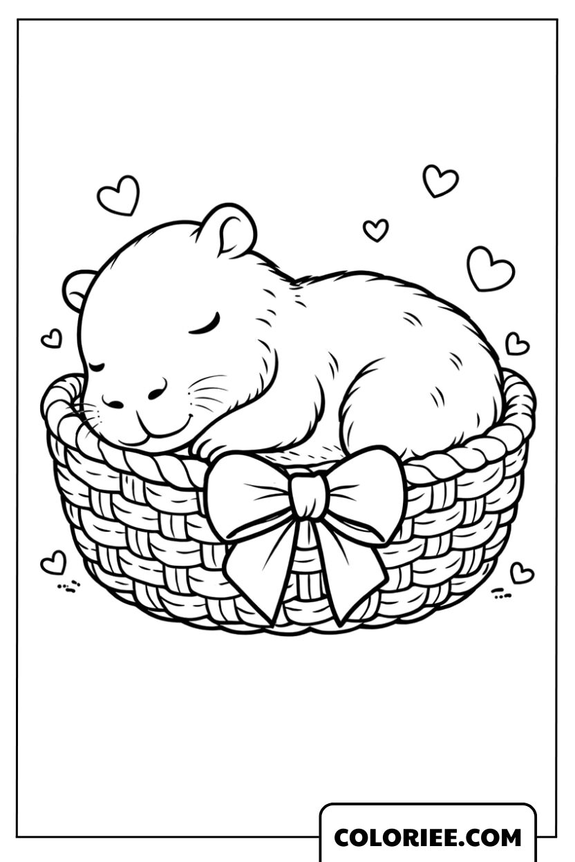 Petit capybara endormi dans un panier d’amour
