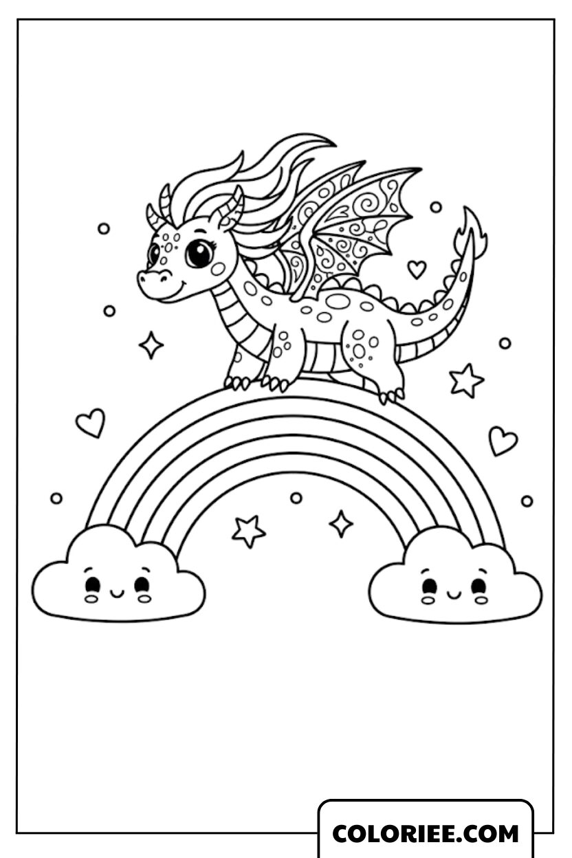 Petit dragon dansant au-dessus d’un arc-en-ciel doux