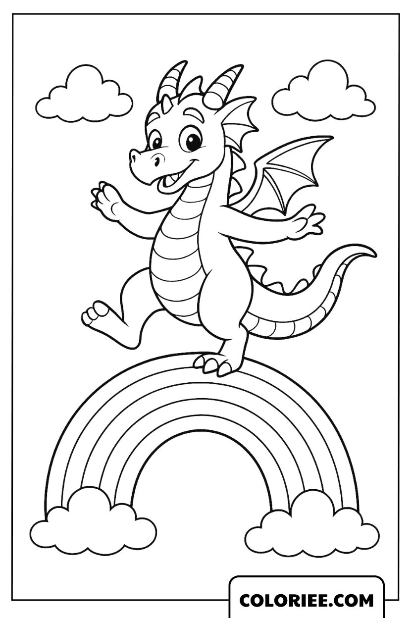 Petit dragon espiègle dansant sur l’arc-en-ciel