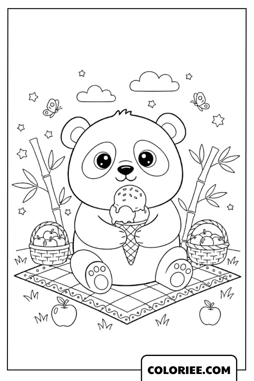 Petit panda en pique-nique dans le jardin fruitier