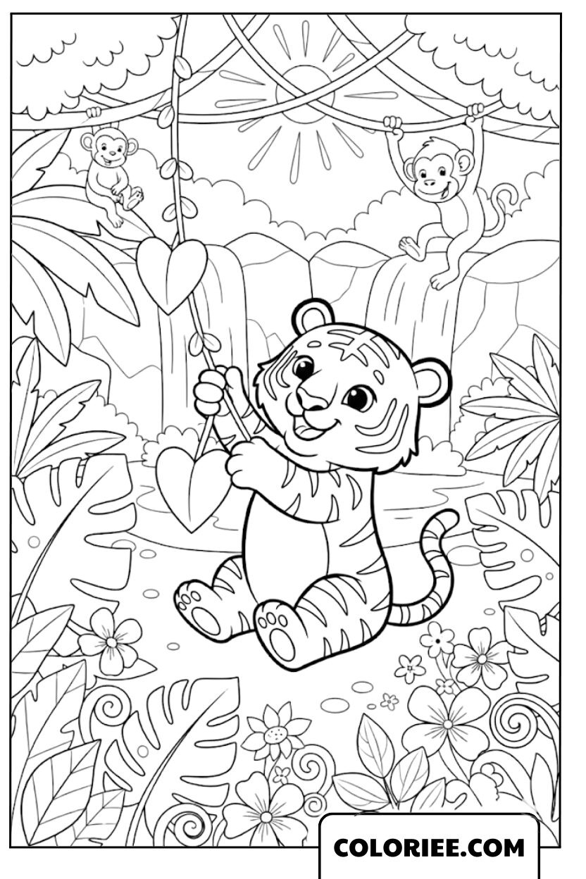 Petit tigre joyeux dans la forêt enchantée