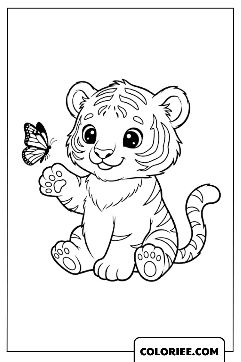 Petit tigre mignon jouant avec un papillon