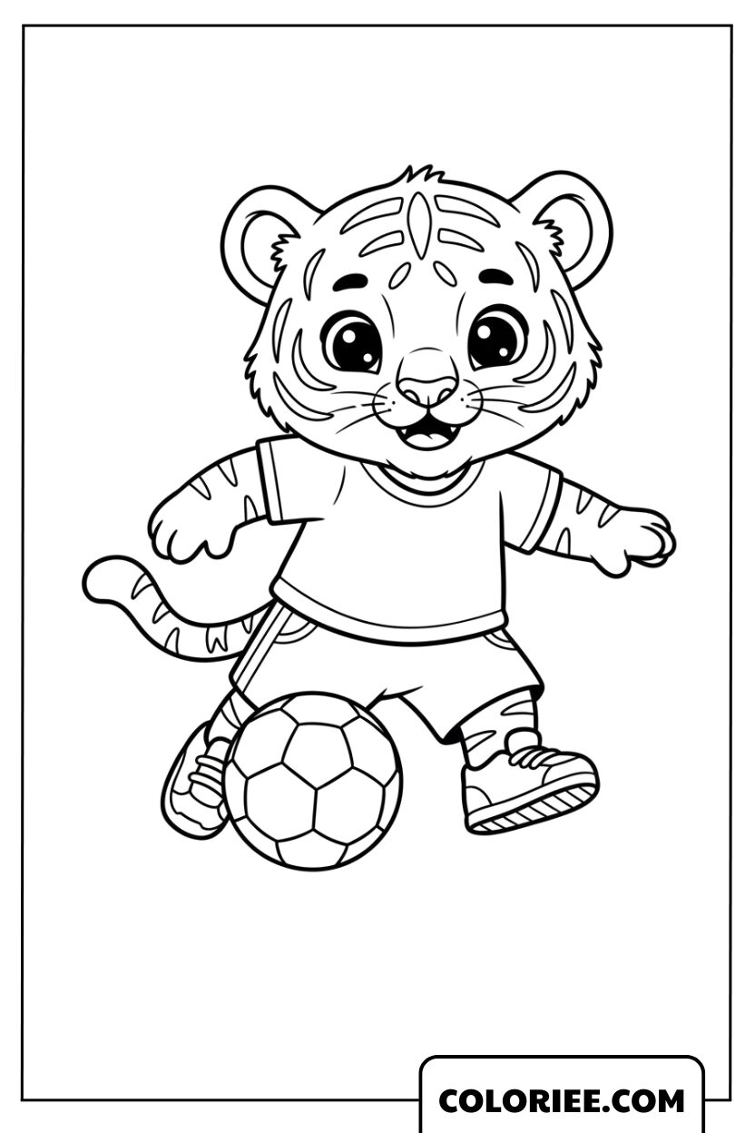 Petit tigre sportif jouant au football