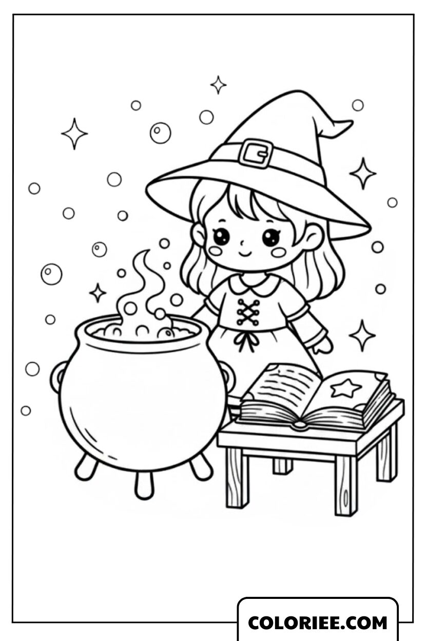 Petite Sorcière Préparant une Potion Mystérieuse