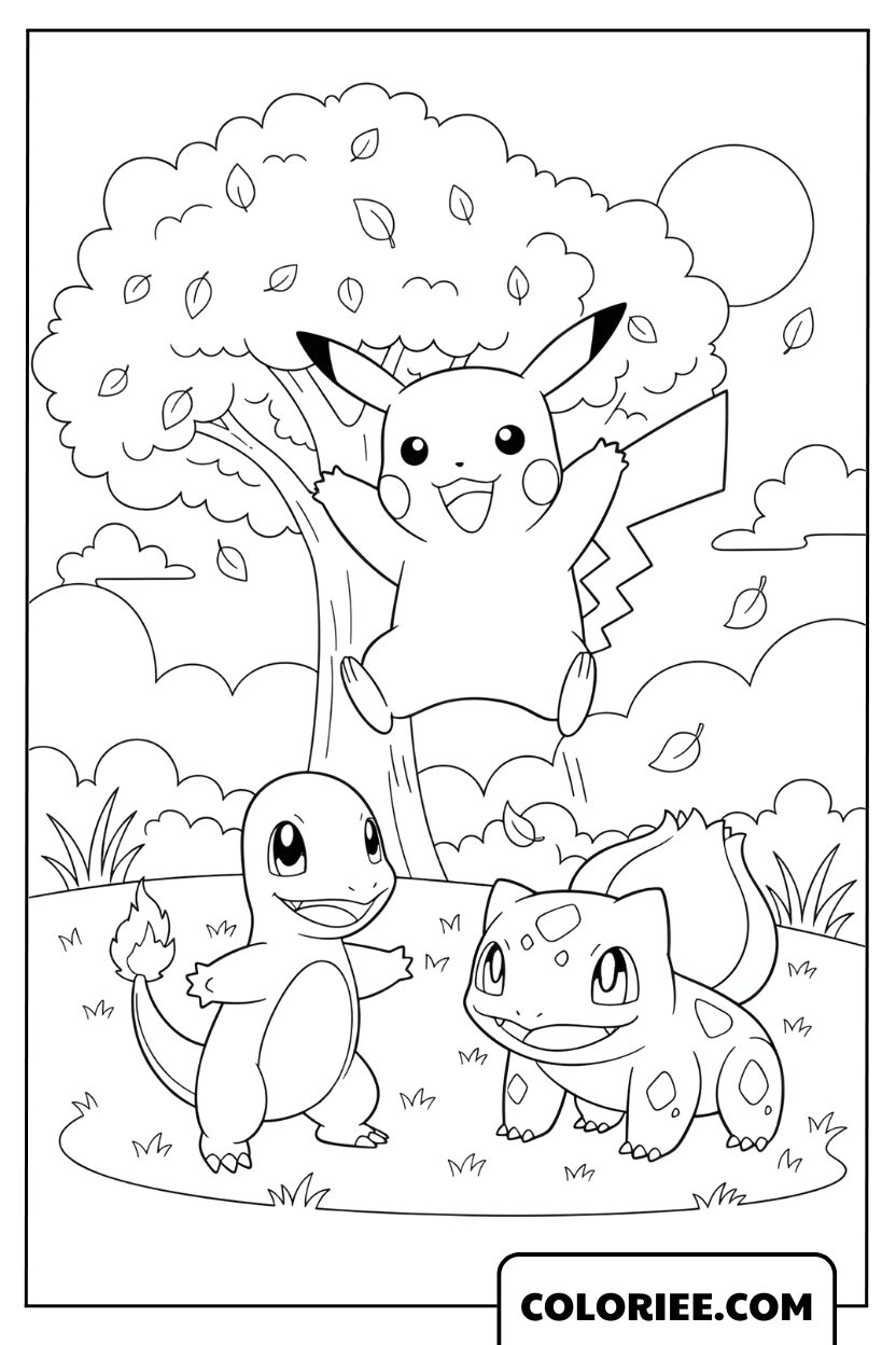 Pikachu, Salamèche et Bulbizarre en aventure dans la nature