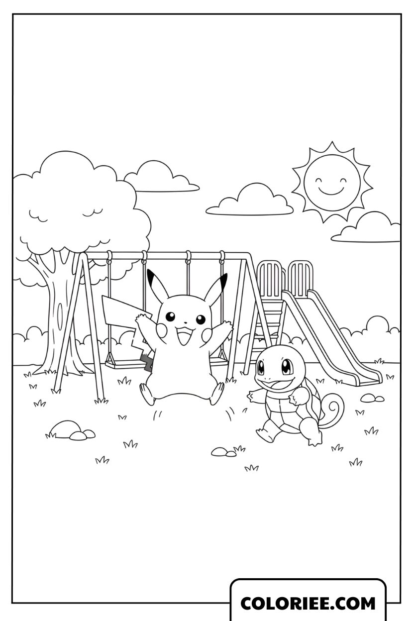 Pikachu et Carapuce s’amusent au parc